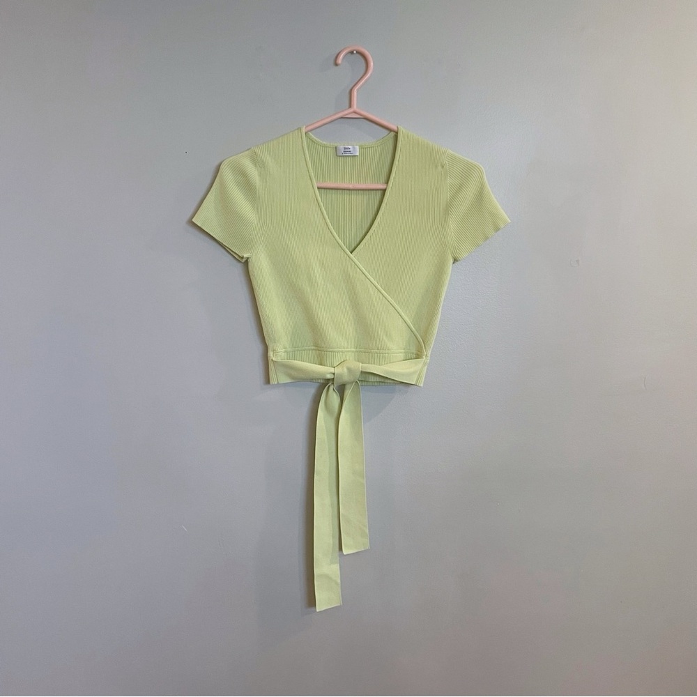 Cropped Wrap Tie Short Sleeve Sweater - Light Lime